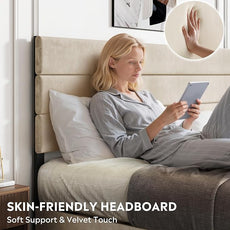 WLIVE King Size Upholstered Bed Frame with 4 Storage Drawers and Headboard, Velvet Platform Bedframe, Sturdy Metal & Wooden Slats Support, No Box Spring Needed, Easy Assembly, Beige