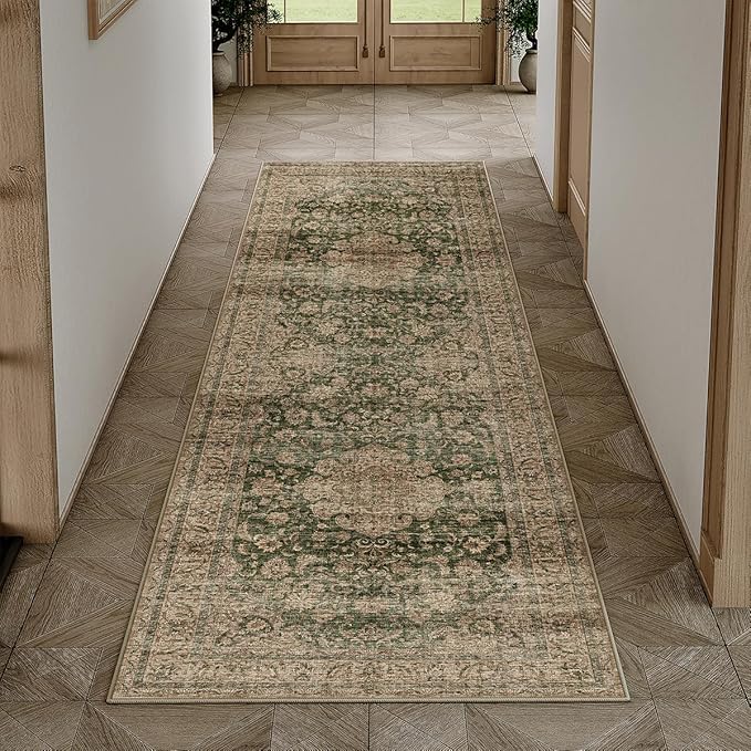 2x6 Washable Vintage Runner Rug Green Brown Hallway Kitchen Carpet Non-Slip Soft Low Pile Distressed Throw Rug for Bedroom Bathroom Laundry Living Room