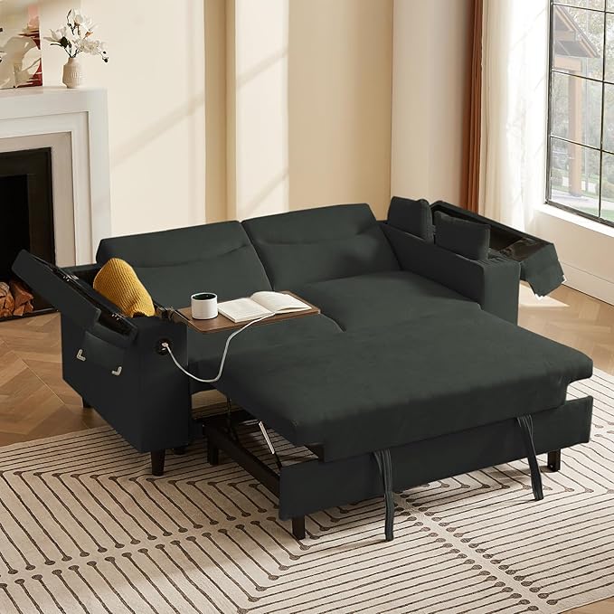 66" Multi-Functional Pull-Out Sofa Bed with Hidden Side Table, Storage Armrests, Built-in Charging Port, Spring Mattress, Solid Wood Frame – Ideal for Small Spaces, Easy Assembly