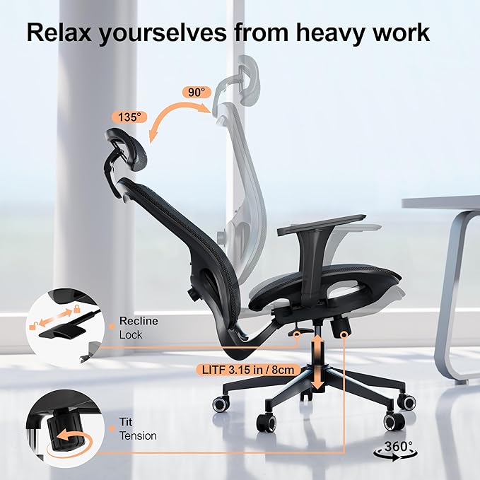 Office Chair Ergonomic Desk Chair, 350 LBS Mesh Office Chair with Lumbar Support, Comfy Desk Chair with Wheels, Big and Tall Chair for Study Work Gaming (04black)