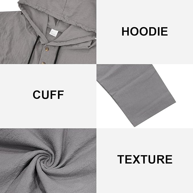 Men's Linen Blend Hoodie Long Sleeve Henley Pullover Sweatshirt Casual Loose Fit Top for Workout Beach Wear