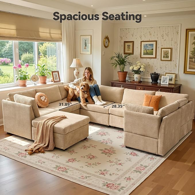 Large 8 Seat Modular Sectional Sofa with Ottoman Seat Corduroy Sleeper Sectional Sofa Bed Oversized Convertible Modular Couch for Living Room