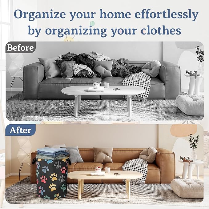 Cute Cat Dog Paw Prints Laundry Basket,Foldable Oxford Cloth Laundry Hamper With Handle, 20.8"x16" Portable Clothes Storage Basket Bag for Laundry Room/Bathroom/Bedroom/Dormitories