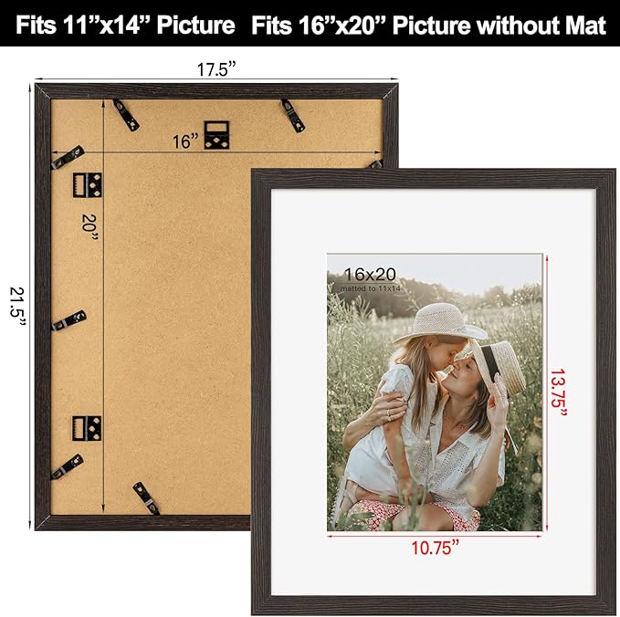 16x20 Picture Frame with Mat for 11x14 Set of 3, Distressed Black Wood Grain 16x20 Frames for Wall Mounting (3 Pack, Black)