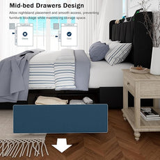 King Bed Frame with 4 Storage Drawers, Upholstered Platform Bed with Charging Station, Modern Wingback Storage Headboard, Easy Assembly,Noise-Free, Black