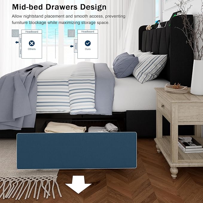 King Bed Frame with 4 Storage Drawers, Upholstered Platform Bed with Charging Station, Modern Wingback Storage Headboard, Easy Assembly,Noise-Free, Black