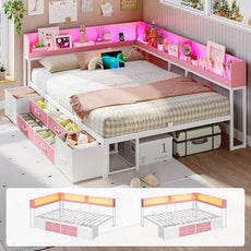 VIAGDO Corner Bed Frame Full with Storage Bookcase and 6 Drawers, Metal Platform Corner Bed Frame with LED Lights and Charging Station, Full Daybed for Kids Teenagers, Pink
