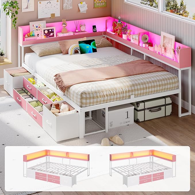VIAGDO Corner Bed Frame Full with Storage Bookcase and 6 Drawers, Metal Platform Corner Bed Frame with LED Lights and Charging Station, Full Daybed for Kids Teenagers, Pink