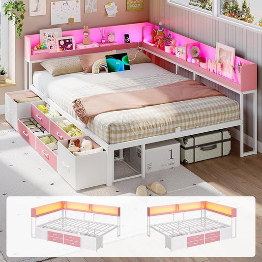 VIAGDO Corner Bed Frame Full with Storage Bookcase and 6 Drawers, Metal Platform Corner Bed Frame with LED Lights and Charging Station, Full Daybed for Kids Teenagers, Pink