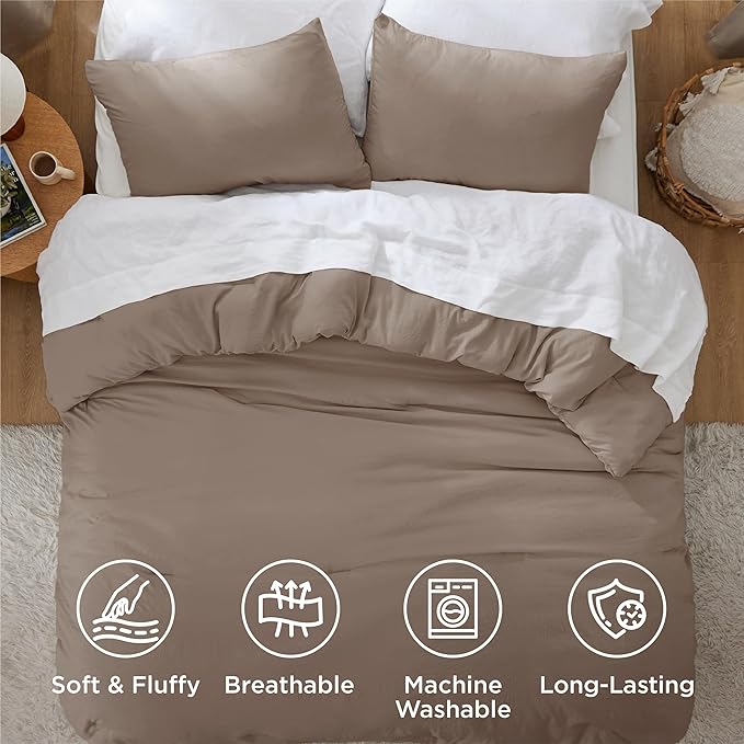 Bedsure California King Size Comforter Set, Brown Soft Prewashed Bedding for All Seasons, 3 Pieces GentleSoft™ Down Alternative Bed Set, 1 Lightweight Comforter (104"x96") and 2 Pillowcases (20"x36")