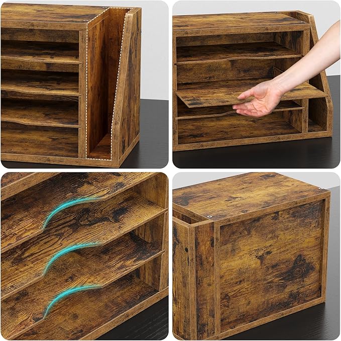File Organizer Desktop, Wood Desk Organizer with 3 Adjustable Shelves, Mail Paper Sorter for Office, Home, File Holders for Envelopes, Mail Supplies or Magazines, Rustic Brown