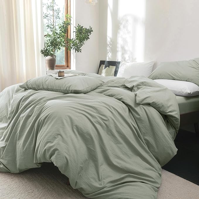 FOSSA Duvet Cover Set 100% Washed Cotton Linen Feel Super Soft Breathable Cozy Simple Style 3 Pieces Bedding Sets Solid Sage Green Super King Plus
