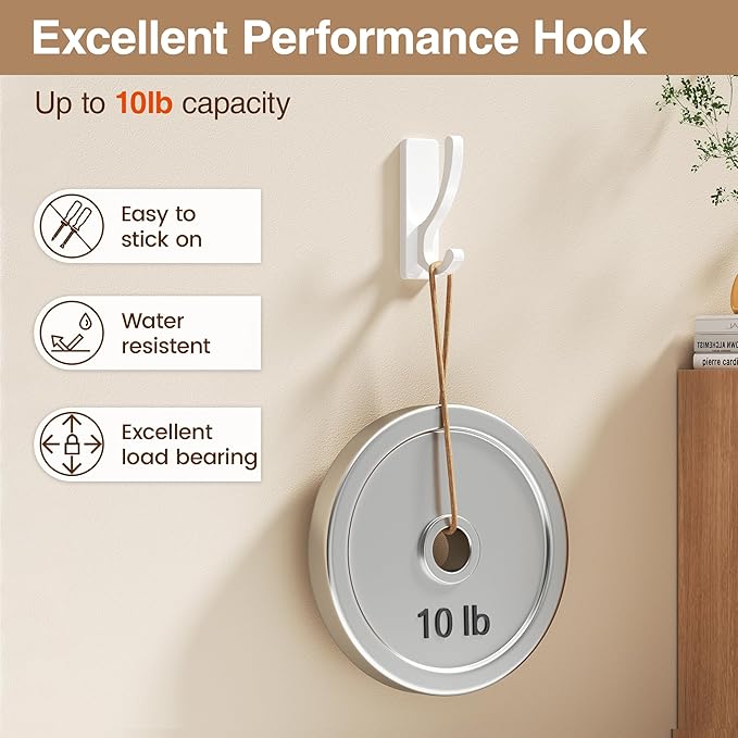 pickpiff Adhesive Wall Hooks for Towels - Sticky Hook Hanging Heavy Duty (13lb), Hanger for Door, Bathroom, Dorm, Closet - for Coats, Purse, Bag, Robe - No Damage to Wall - White 4 Pack
