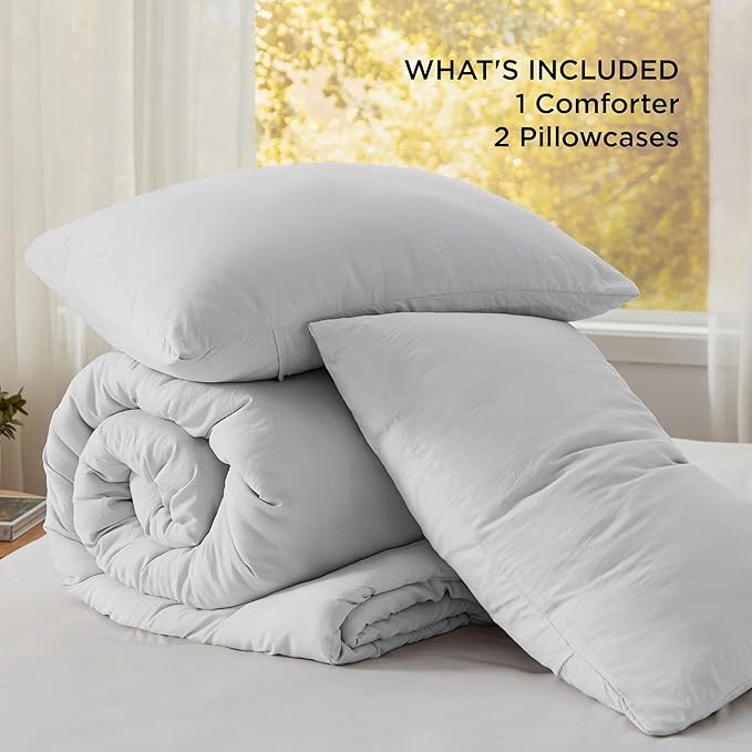 Bedsure Queen Size Comforter Set, Light Grey Soft Prewashed Bedding for All Seasons, 3 Pieces GentleSoft™ Warm Down Alternative Bed Set, 1 Lightweight Comforter (90"x90") and 2 Pillowcases (20"x26")