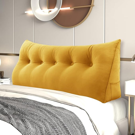 Headboard Wedge Pillow Large Bolster Reading Pillows for Sitting in Bed Adult， Velvet Triangular Cushion Backrest Lumbar Back Support Upholstered Daybed Sit Up Book Pillows（Yellow, Queen）