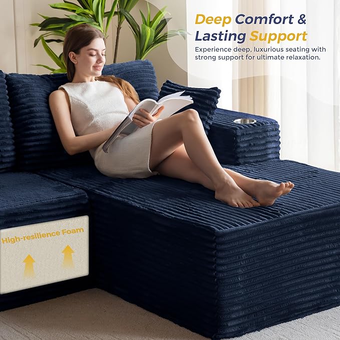 MAXYOYO 104" Modular Sectional Couch with L-Shape Chaise, Modern Boneless Couch for Living Room, Sofa in A Box, Oversized Sofa Sleeper with Deep Seat, No Assembly Required, Navy