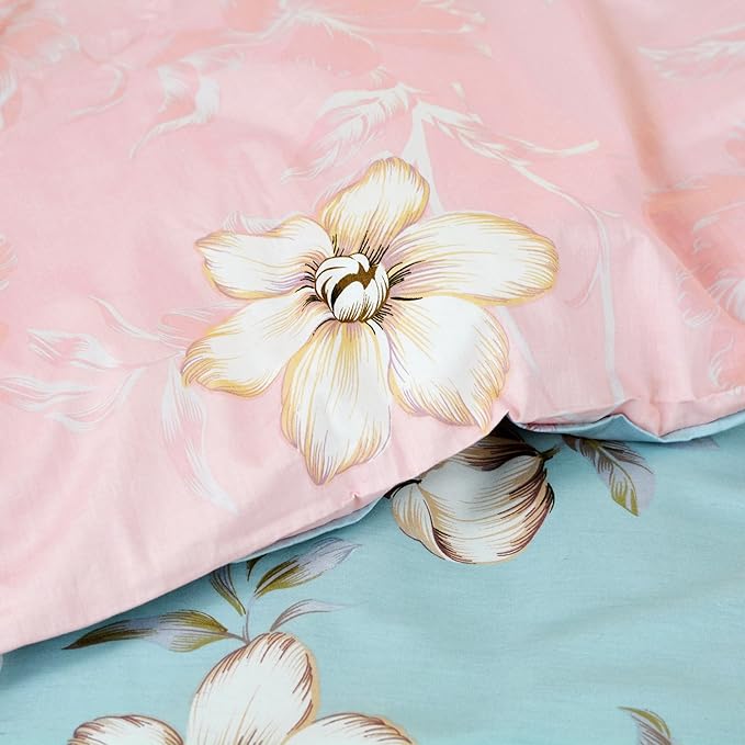 FADFAY Farmhouse Bedding Reversible Floral Duvet Cover Set Garden Style 100% Cotton Zipper Bedding Sets for Girls Natural Skin-Friendly Easy Care All-Season Use (3Pcs, Queen Size)