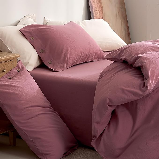 JELLYMONI 100% Washed Cotton Duvet Cover Twin – Soft, Breathable Linen-Look Bedding with Natural Wrinkle Texture, Button Closure, 3-Piece Set (Deep Rose, 68"x90")