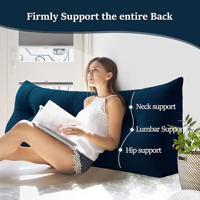 Large Rest Reading Wedge Pillows Triangular Bed Support Bolster Upholstered Headboard Backrest Positioning Lumbar Cushion with Removable Cover, Full: 54x8x20 Inches