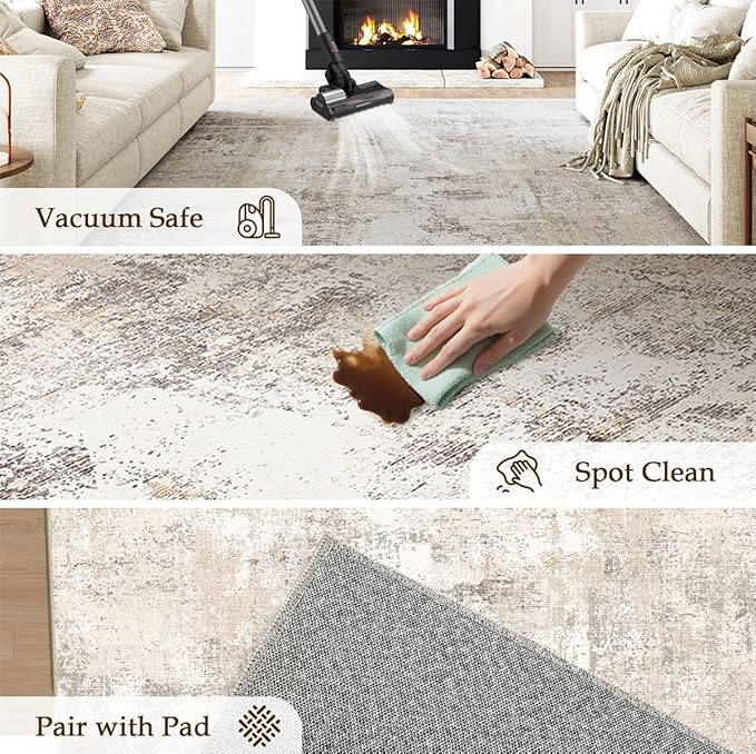 5x7 Washable Area Rug Beige Grey Abstract Living Room Bedroom Throw Rug Neutral Modern Non Slip Soft Medium Pile Indoor Carpet for Dining Room Office Entryway