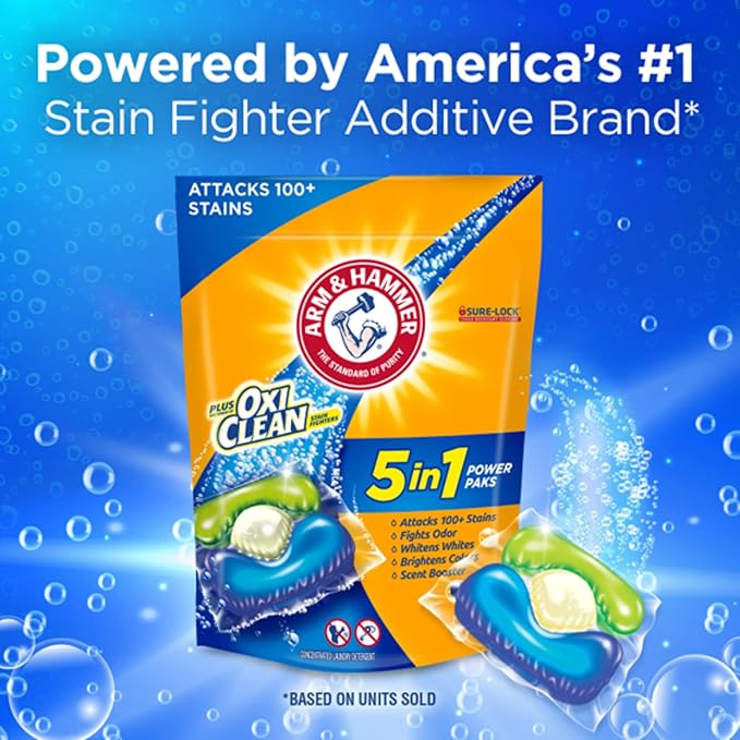 ARM & HAMMER Plus OxiClean 5-in-1 Liquid Laundry Detergent Power Paks, High Efficiency (HE), 42 Count (Pack of 4)