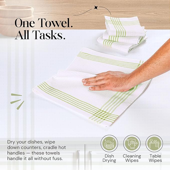 Lemon Green and White Waffle Kitchen Towels 12 Pack, 100% Cotton, 16x26 Inch, Super Absorbent, Reusable Fast Drying Dish Towels for Cleaning, Washing, Drying Dishes, Kitchen