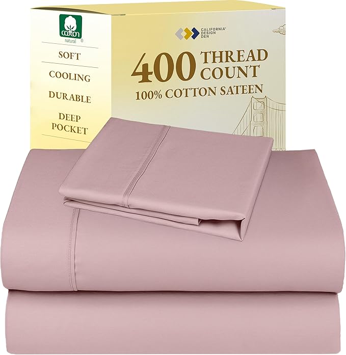 California Design Den Twin XL Bed Sheets Set - 400 Thread Count Sateen, Natural 100% Cotton Twin XL Sheet Set, Deep Pockets, All Around Elastic, Durable Bedding for Dorm Room - Mauve CaliforniaDesignDen