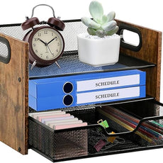 Wood Desk Organizer - 3-Tier Desktop File Organizer with Drawer, Wooden Paper Tray, Office Desk Organzier and Accessories for Papers, Mail, Notebooks, Stationery