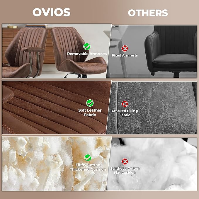 ovios Ergonomic Office Chair, Mid Back Faux Leather Executive Chairs with Armrests, Comfy Mid-Century Modern Swivel Rolling Computer Armchair (Dark Brown, Suede Leather)