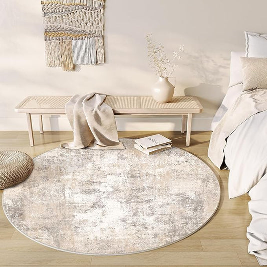 5x5 Washable Round Rug Beige Grey Abstract Living Room Bedroom Area Rug Neutral Modern Non Slip Soft Low Pile Indoor Carpet for Dining Room Office Entryway