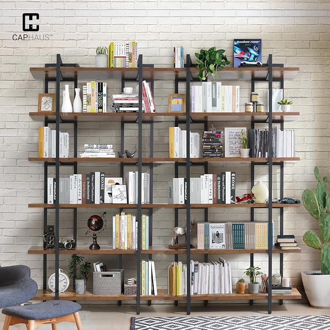 CAPHAUS 6-Tier Book Shelf, 86" H Vintage Industrial Bookcase with Open Display Shelving, Wooden and Metal Shelving Unit, Bookshelves and Bookcases, Stand Shelf for Bedroom, Home Office, Rustic Oak