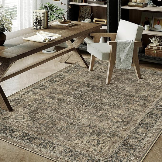 4x5 Washable Brown Area Rug Vintage Entryway Office Carpet Non-Slip Soft Low Pile Distressed Indoor Throw Rug for Living Room Bathroom Dining Room