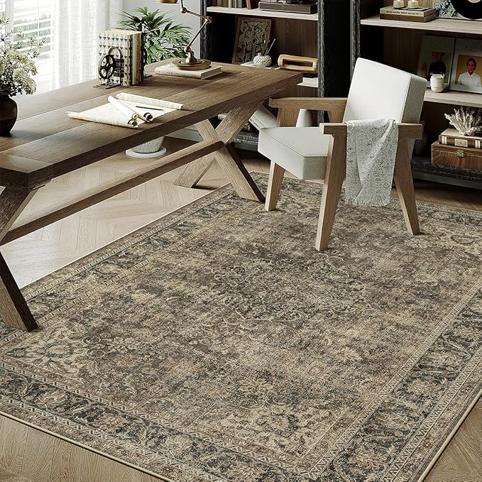4x6 Washable Brown Area Rug Vintage Entryway Office Carpet Non-Slip Soft Low Pile Distressed Indoor Throw Rug for Living Room Bathroom Dining Room