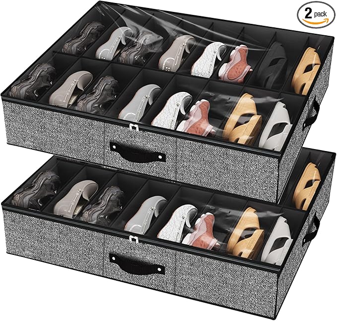 homyfort 32 Pairs Shoe Organizer Under Bed, Underbed Shoe Storage Boxes Bins, Organizador De Zapatos, Extra Large Zapateras Organizer, Black, Set of 2