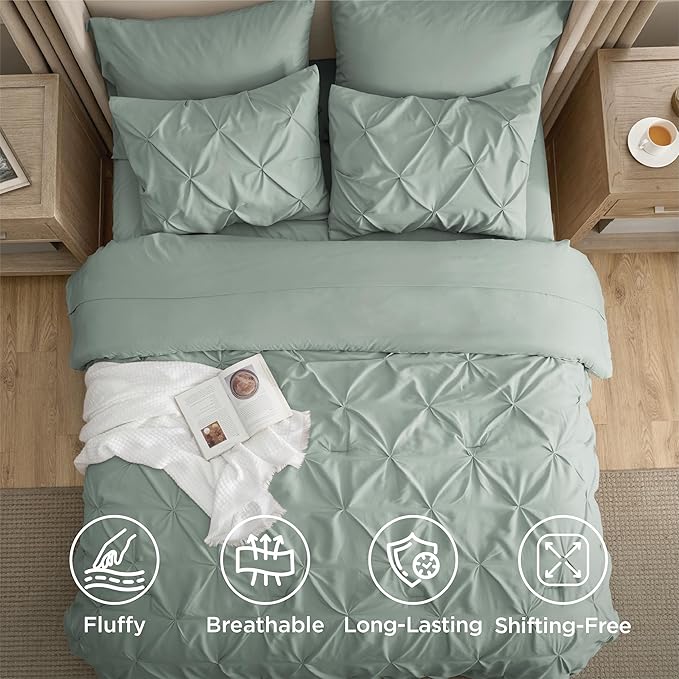 Bedsure Oversized King Comforter Set Sage Green - Bed in a Bag Bedding Set 7 Pieces, GentleSoft™ Pintuck Bed Set Gift for Family, Pinch Pleat Sage Green Comforter with Sheets, Pillowcases & Shams
