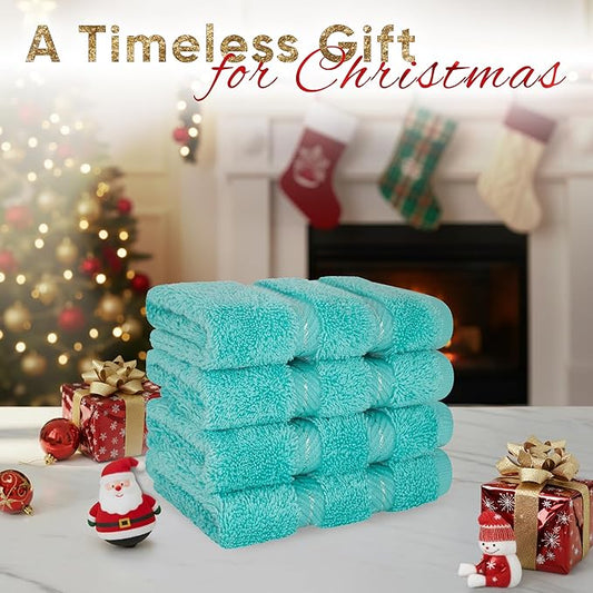 American Soft Linen Luxury Washcloths for Bathroom, 600 GSM 100% Cotton 4 Piece Turkish Wash Cloth Set, 13x13 in Soft Rags for Body and Face, Turquoise Blue Washcloths