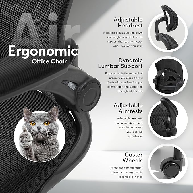 Oline ErgoAir Ergonomic Office Chair – Adjustable Lumbar Support, Flip-Up Armrests, Mesh Computer Desk Chair, Swivel Rolling Executive Gaming Chair for Home & Office (Black)