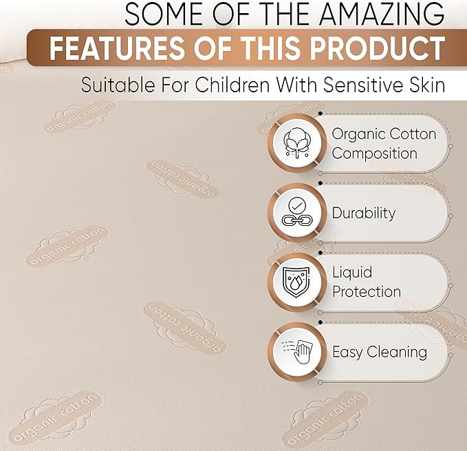 Waterproof Organic Mattress Protector Twin – Soft Organic Cotton Top – Noiseless & Breathable 250 GSM Pad Cover – Deep Pocket Fitted Design