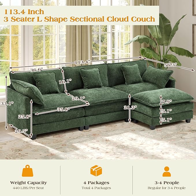 113.4" Modular Sectional Sofa,L Shaped Couch for Living Room,Modern Deep Seat Sofa 3 Seater Chenille Fabric Comfy Cloud Couches with Throw Pillows & Movable Ottoman