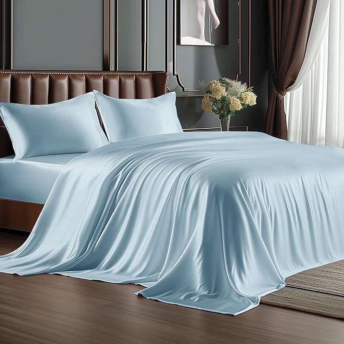 BEDELITE Satin Sheets Queen Size Bed Set, Luxury Soft Light Blue Silky Sheets for Hair and Skin, Similar to Silk Bed Sheets Set 4 Pieces （1 Deep Pocket Fitted Sheet, 1 Flat Sheet, and 2 Pillowcases）