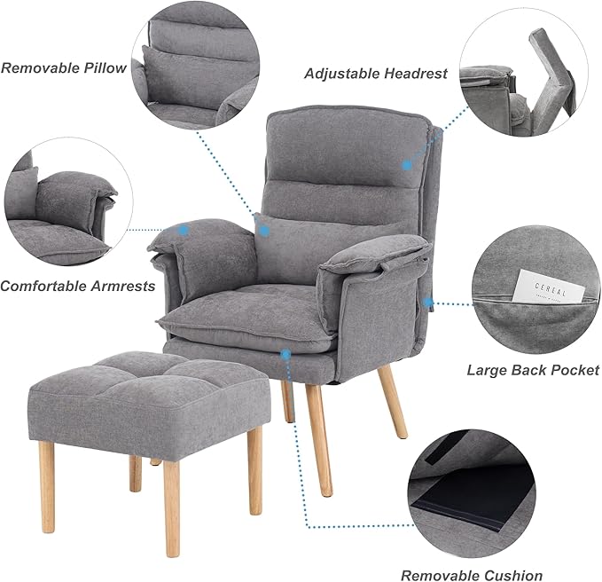 Modern Adjustable Accent Chair with Ottoman, Soft Fabric Reading Chair with Adjustable Backrest and Pillow, Comfy Lounge Chair with Armrests for Living Room, Bedroom, Apartment, Office, Dorm,Grey