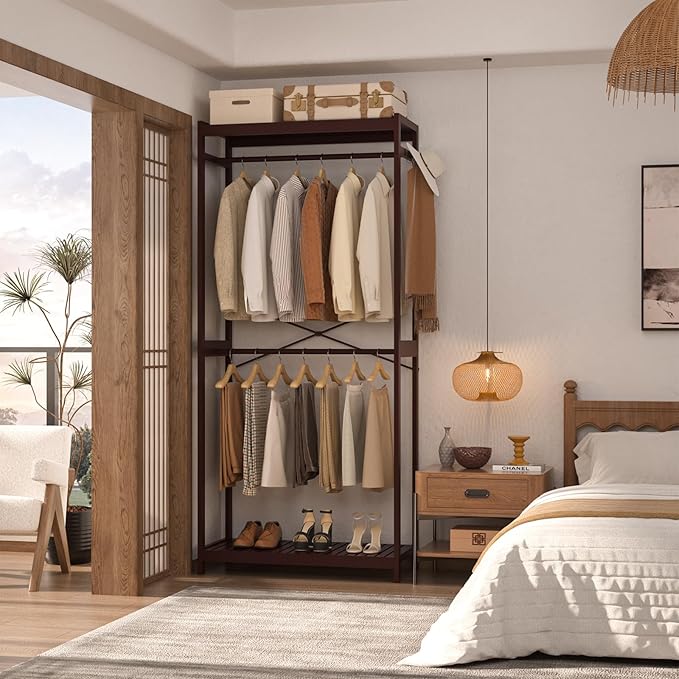 Homykic Bamboo Clothes Rack with Shelves and Double Hang Rods, Portable Closet System Garment Rack for Hanging Clothes, Tall Clothing Rack Corner Closet Organizer, Easy to Built, Espresso