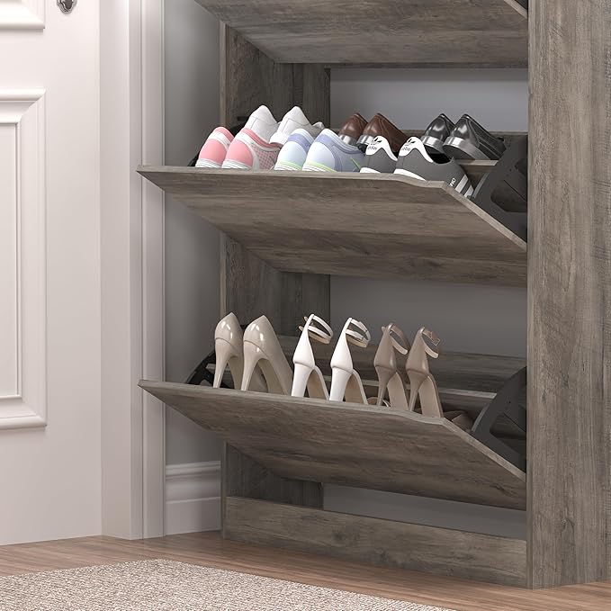 Shoe Cabinet with 3 Flip Drawers & Coat Rack, Narrow Hidden Shoe Storage Cabinet, 2-in-1 Hall Tree Slim Freestanding Shoe Rack Organizer for Entryway, Hallway, and Living Room