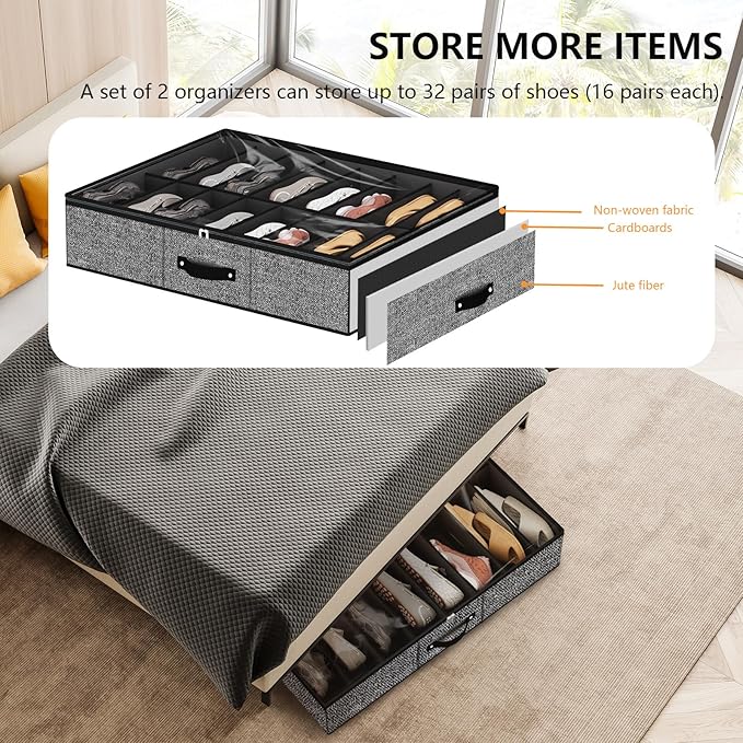 homyfort 32 Pairs Shoe Organizer Under Bed, Underbed Shoe Storage Boxes Bins, Organizador De Zapatos, Extra Large Zapateras Organizer, Black, Set of 2