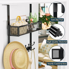 Consumest Over The Door Hooks Organizer - Over Door Hanger with 16 Hooks & 2 Baskets for Hanging Coat, Clothing, Towel, Back Storage for Bathroom, Closet, College Dorm, Black