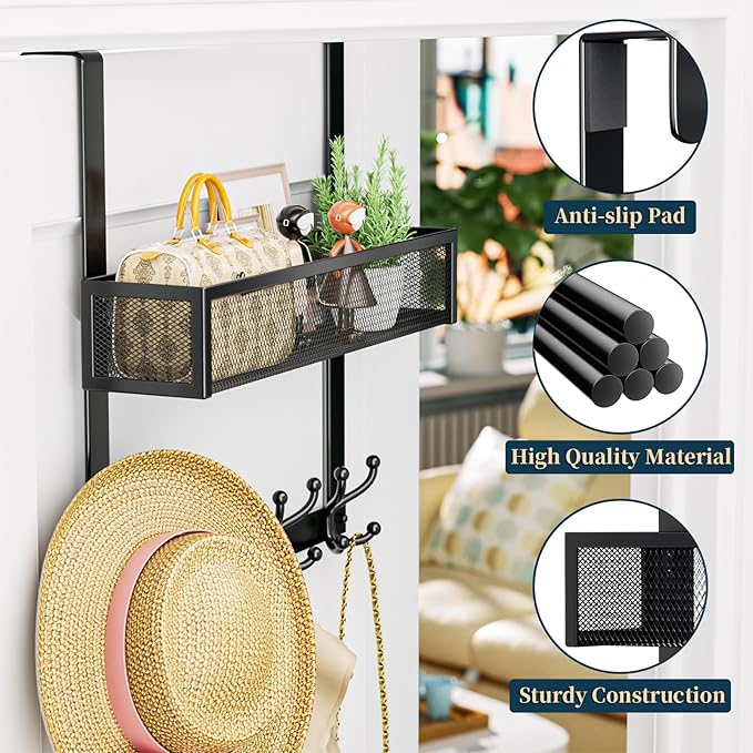 Consumest Over The Door Hooks Organizer - Over Door Hanger with 16 Hooks & 2 Baskets for Hanging Coat, Clothing, Towel, Back Storage for Bathroom, Closet, College Dorm, Black
