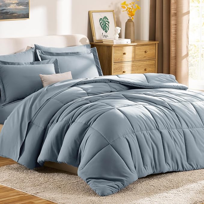 CozyLux Full Size Comforter Sets Grayish Blue - 7 Pieces Bed in a Bag Full, Oeko-Tex Certified Bed Set, All Season Soft Bedding Set with Down Alternative Comforter, Sheets, Pillowcases & Pillow Shams
