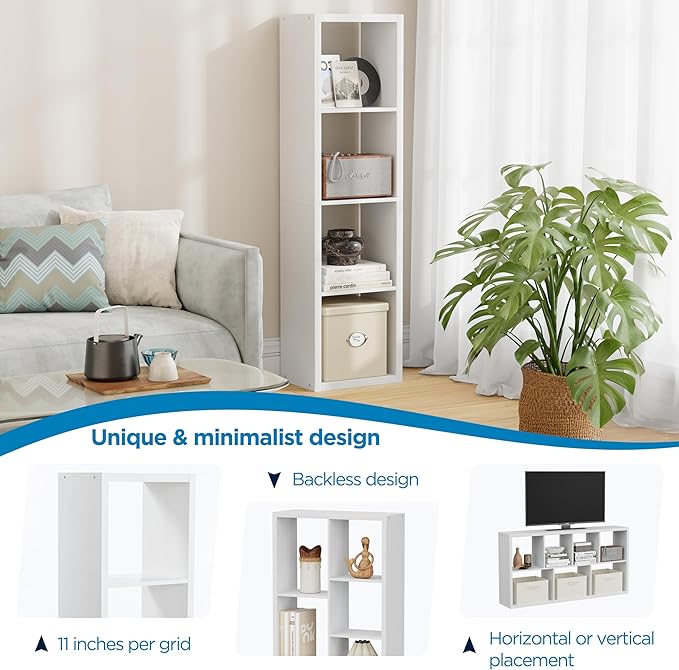 4 Cube Storage Organizer Single Row, Cube Shelf with Heavy-Duty Thick Boards, 13.31" L x 9.37" W x 48.82" H, Smooth Easy-Clean Panels, Simple Assembly, for Living Room Bedroom Office, White