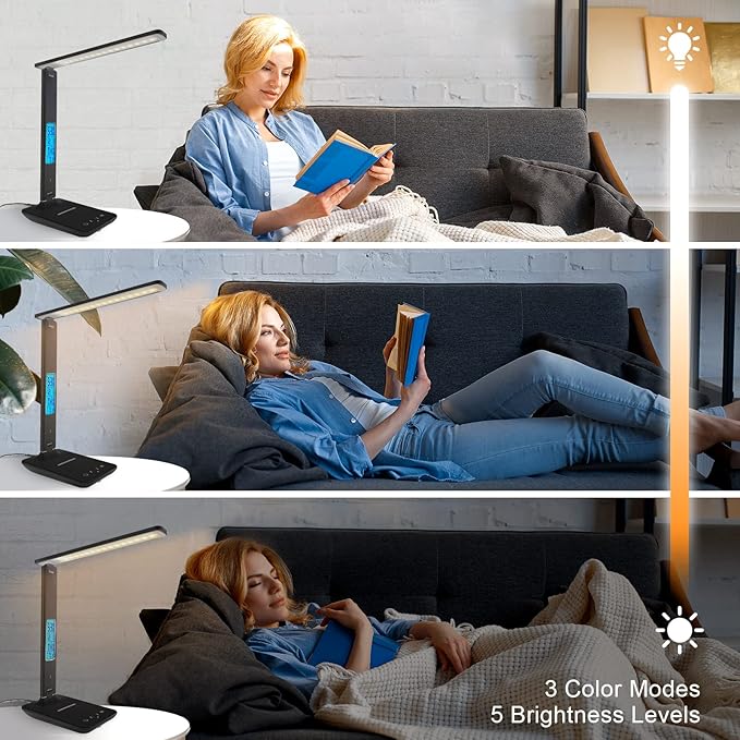 Desk Light with Wireless Charger, USB Charging Port, Dimmable Office Desk Lamp with Clock, Alarm, Date, Temperature, Foldable Lamp for Table Bedroom Bedside Office
