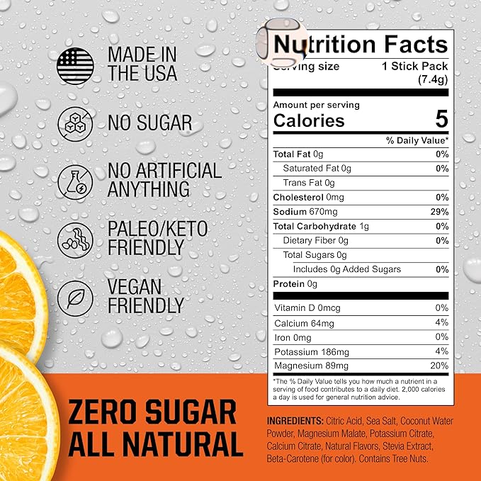 Fire Science Fire Salt Hydration Sticks, Electrolytes & Coconut Water, Hydration Drink Mix with Magnesium, Potassium & Sodium, Zero Sugar, Single Serve On The Go Packs, Vegan, Orange Flavor, 32 Count